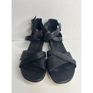Eileen Fisher SALLY Wedge Sandals Back-Zip Black Nubuck Leather Sz 9 Retail $195